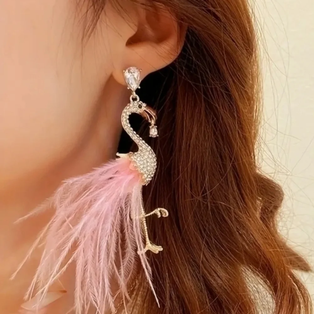 Betsey Johnson Gold Flamingo Feather Drop Earrings with Pink Feathers
